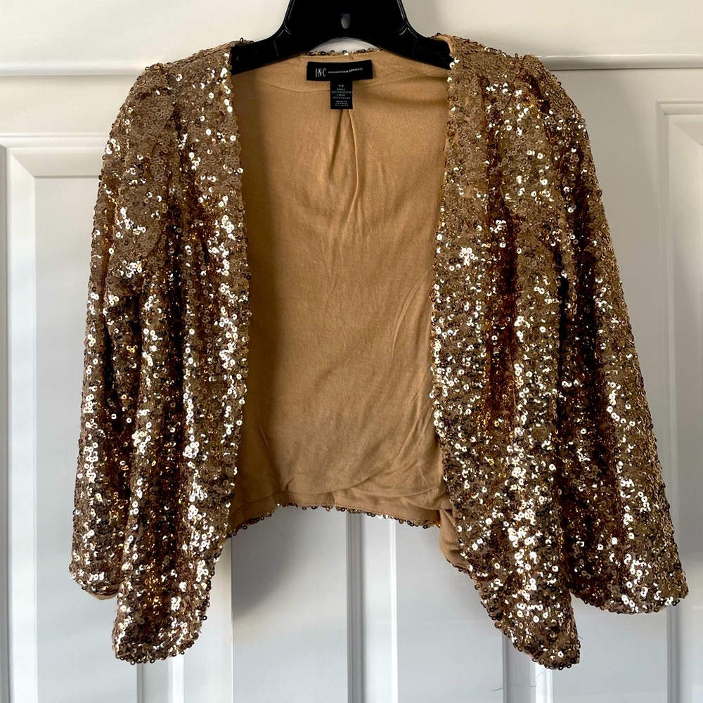 INC women’s gold sequin bolero jacket.